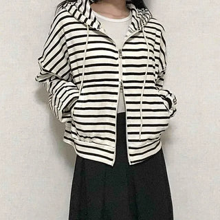 Basic Striped Two-Way Zip-Up Hoodie