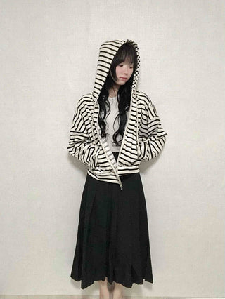 Basic Striped Two-Way Zip-Up Hoodie