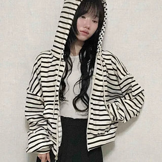 Basic Striped Two-Way Zip-Up Hoodie