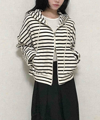 Basic Striped Two-Way Zip-Up Hoodie
