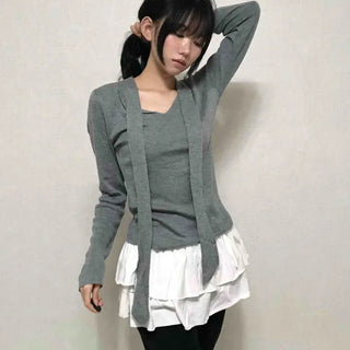 V-neck Tie Ribbon Long Sleeve Knit