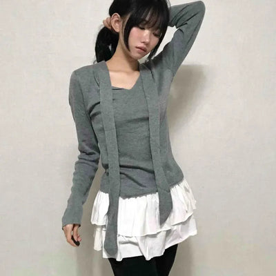 V-neck Tie Ribbon Long Sleeve Knit