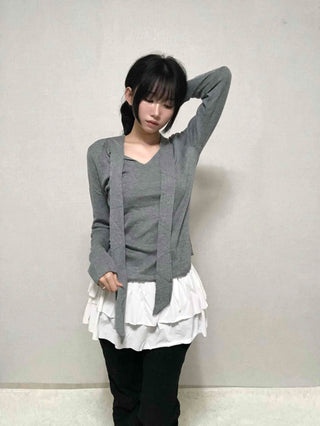 V-neck Tie Ribbon Long Sleeve Knit