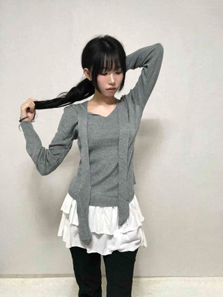 V-neck Tie Ribbon Long Sleeve Knit