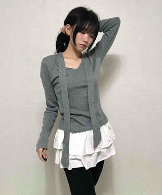 V-neck Tie Ribbon Long Sleeve Knit