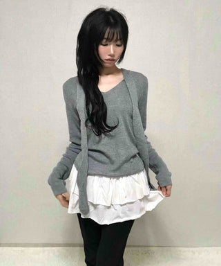 V-neck Tie Ribbon Long Sleeve Knit