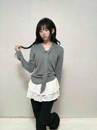 V-neck Tie Ribbon Long Sleeve Knit