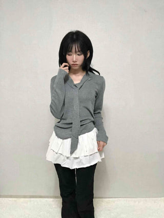 V-neck Tie Ribbon Long Sleeve Knit