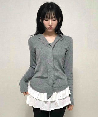 V-neck Tie Ribbon Long Sleeve Knit