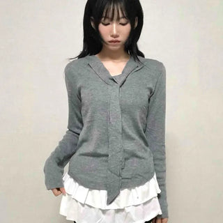 V-neck Tie Ribbon Long Sleeve Knit