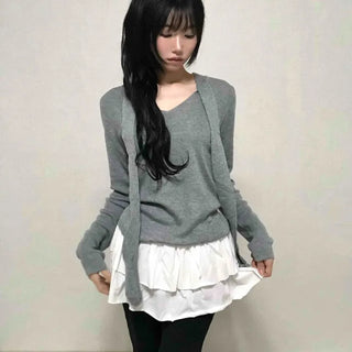 V-neck Tie Ribbon Long Sleeve Knit