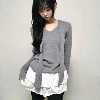 V-neck Tie Ribbon Long Sleeve Knit