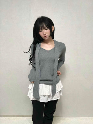 V-neck Tie Ribbon Long Sleeve Knit