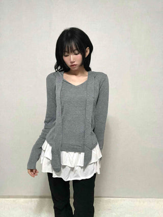 V-neck Tie Ribbon Long Sleeve Knit