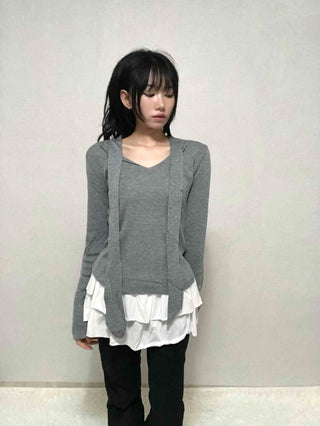 V-neck Tie Ribbon Long Sleeve Knit