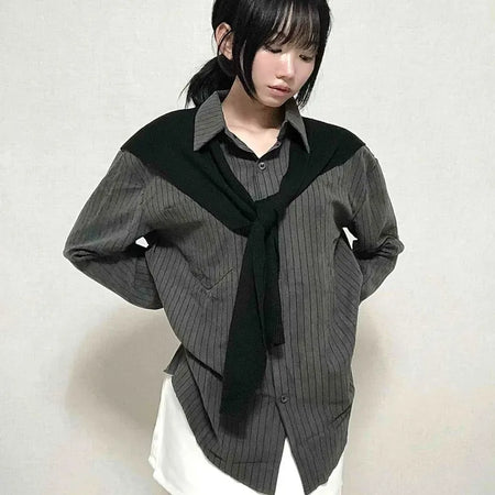Basic Knit Shawl & Striped Shirt