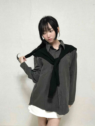 Basic Knit Shawl & Striped Shirt