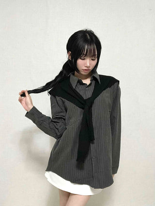Basic Knit Shawl & Striped Shirt
