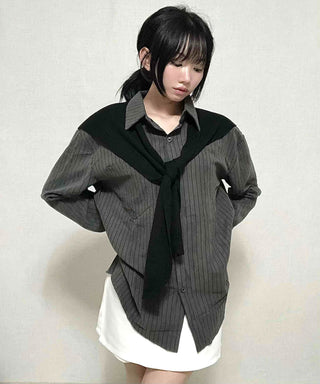 Basic Knit Shawl & Striped Shirt