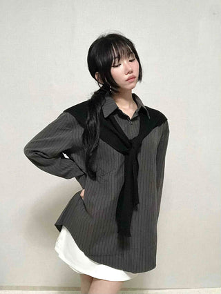 Basic Knit Shawl & Striped Shirt