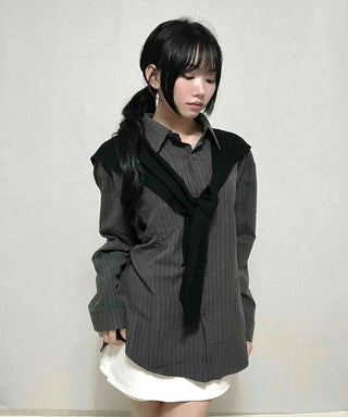 Basic Knit Shawl & Striped Shirt