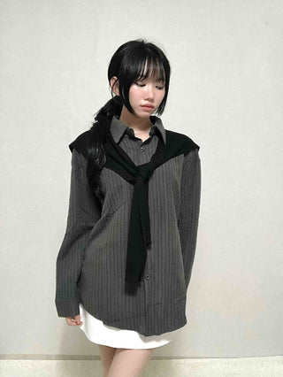 Basic Knit Shawl & Striped Shirt