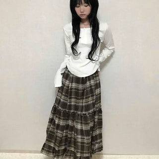 Delicate Elastic Waist Check Loose Fit Long Skirt