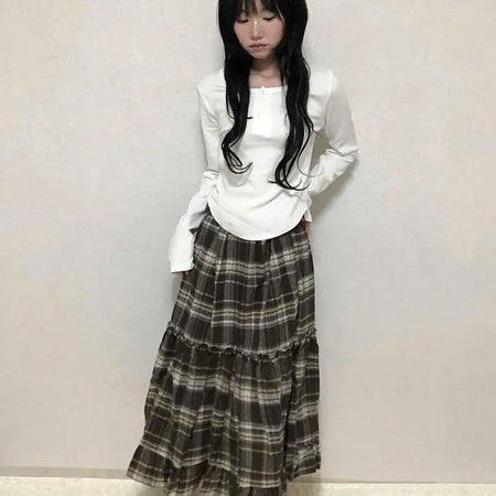 Delicate Elastic Waist Check Loose Fit Long Skirt
