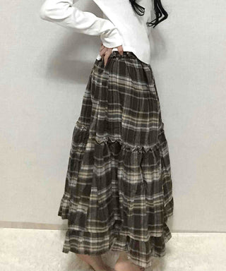 Delicate Elastic Waist Check Loose Fit Long Skirt