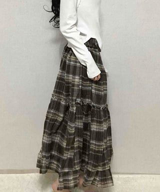 Delicate Elastic Waist Check Loose Fit Long Skirt