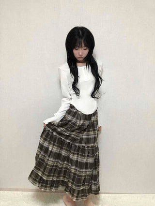 Delicate Elastic Waist Check Loose Fit Long Skirt