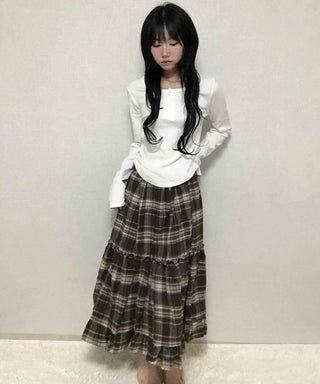 Delicate Elastic Waist Check Loose Fit Long Skirt