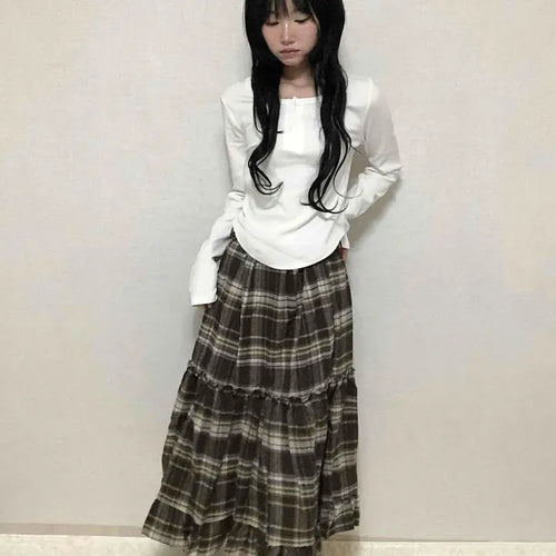 Delicate Elastic Waist Check Loose Fit Long Skirt