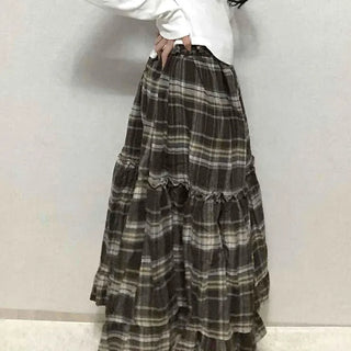 Delicate Elastic Waist Check Loose Fit Long Skirt