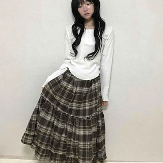 Delicate Elastic Waist Check Loose Fit Long Skirt