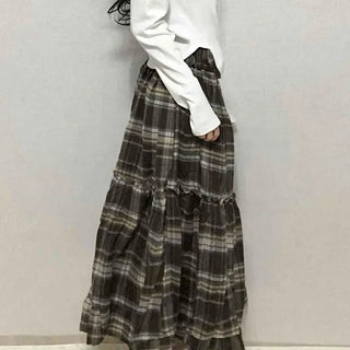 Delicate Elastic Waist Check Loose Fit Long Skirt