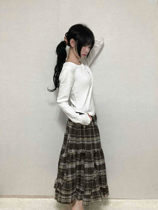 Delicate Elastic Waist Check Loose Fit Long Skirt