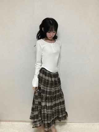 Delicate Elastic Waist Check Loose Fit Long Skirt