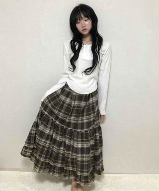 Delicate Elastic Waist Check Loose Fit Long Skirt
