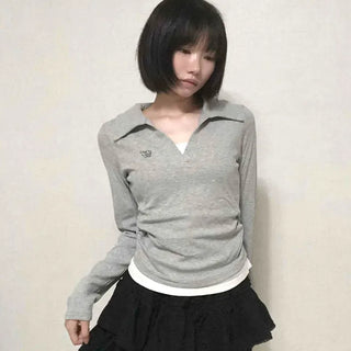 Shirt Collar Side Shirring Long Sleeve T-shirt