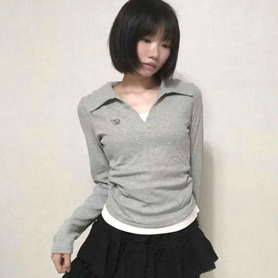 Shirt Collar Side Shirring Long Sleeve T-shirt