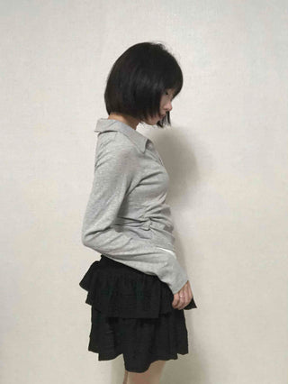 Shirt Collar Side Shirring Long Sleeve T-shirt
