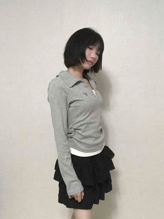 Shirt Collar Side Shirring Long Sleeve T-shirt