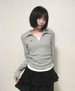 Shirt Collar Side Shirring Long Sleeve T-shirt