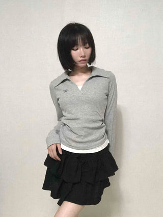 Shirt Collar Side Shirring Long Sleeve T-shirt