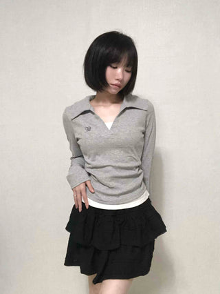 Shirt Collar Side Shirring Long Sleeve T-shirt