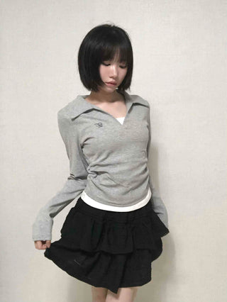 Shirt Collar Side Shirring Long Sleeve T-shirt