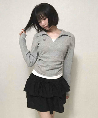 Shirt Collar Side Shirring Long Sleeve T-shirt