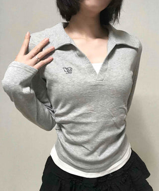 Shirt Collar Side Shirring Long Sleeve T-shirt