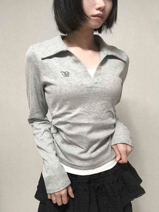Shirt Collar Side Shirring Long Sleeve T-shirt